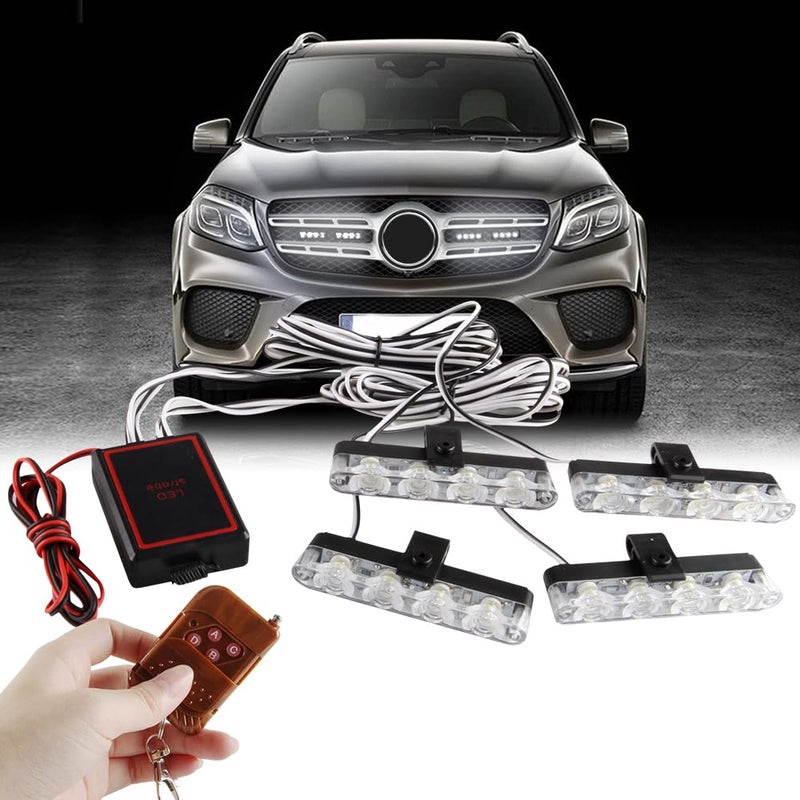 Sidaqi 4 in 1 12V Emergency Strobe Warning Grille Lights Caution Flash Lights For Car Truck DRL Ambulance Police Lights Remote Control WirelessWhite