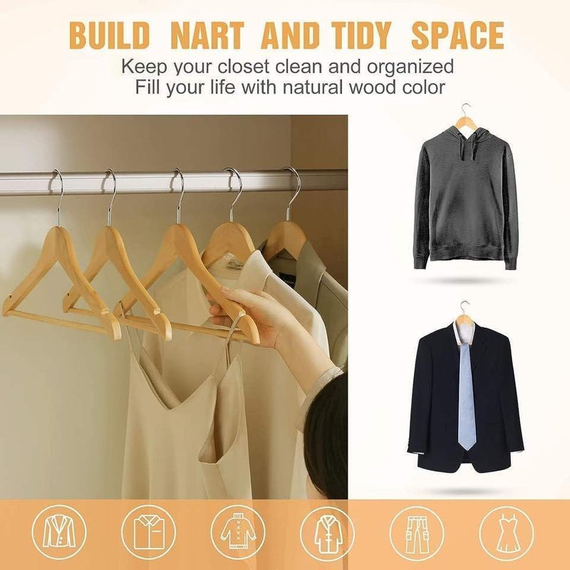 MOONCEE 20 PCs Wooden Hangers - Non Slip Wood Clothes Hanger for Suits, Pants Hanger, Skit Hangers 360° Swivel Hook Heavy Duty Clothing Hanger Set - Coat Hangers for Closet (Natural-20 Pack) - Image 4