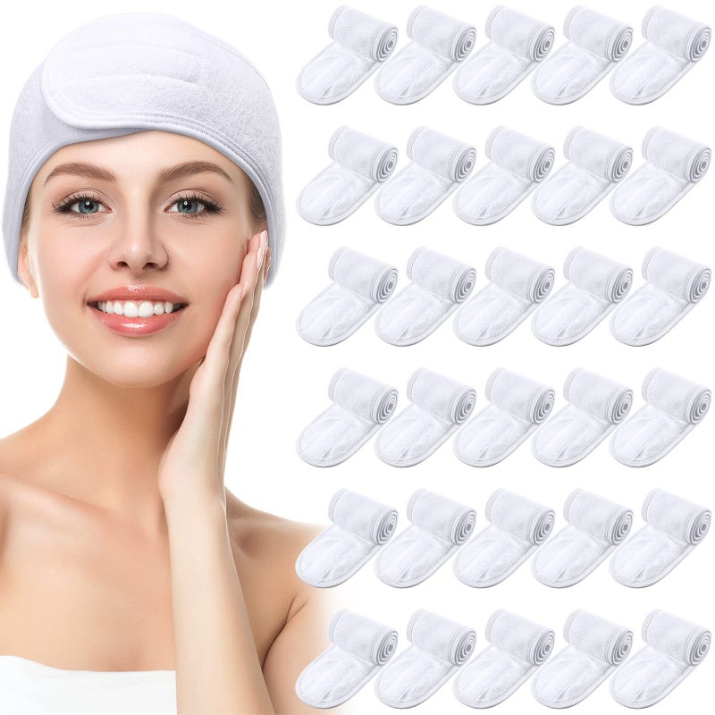 Hoteam 30 Pack Spa Headband Facial Esthetician Hair Wrap for Women Adjustable Makeup Sports Shower Stretch Towel with Tape(White) - Image 1