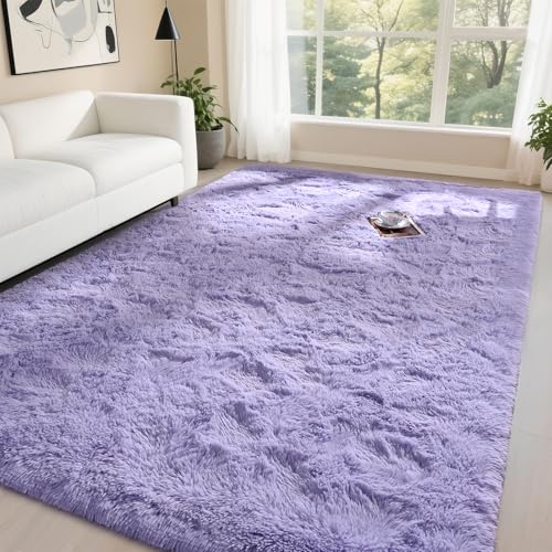 DweIke Fluffy Lavender Purple Rugs for Bedroom Living Room, 4x6 Feet Soft Plush Shaggy Lilac Purple Girls Boys Kids Rug, Non-Slip and Machine Washable Carpet for Dorm Nursery Classroom Decor - Image 1