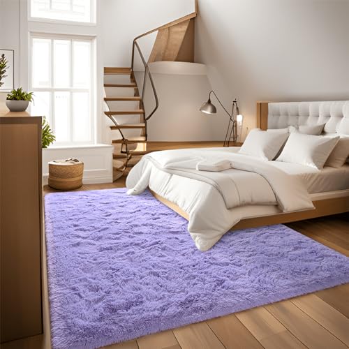 DweIke Fluffy Lavender Purple Rugs for Bedroom Living Room, 4x6 Feet Soft Plush Shaggy Lilac Purple Girls Boys Kids Rug, Non-Slip and Machine Washable Carpet for Dorm Nursery Classroom Decor - Image 5