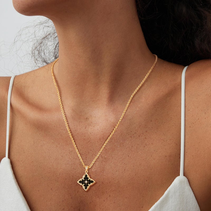 Fettero Gold Necklace for Women Dainty 14K Gold Plated Clover Necklace Colorful Lucky Pendant Charm Necklaces for Women Statement Jewelry - Black Onyx - Image 2