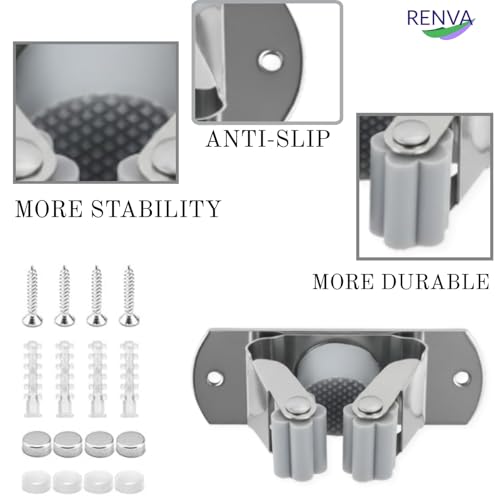 RENVA Broom Holder Wall Mount - Heavy Duty Stainless Steel Broom and Mop Hanger, Wall Mounted Organizer Rack for Home, Kitchen, Bathroom, Garden, Garage, Cleaning Tools Storage (SILVER, 1 SLOT) - Image 3
