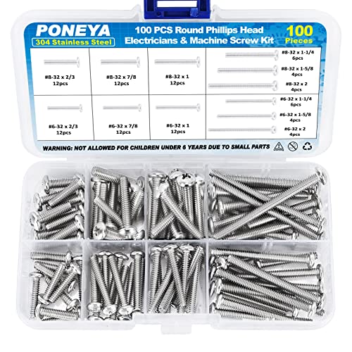 PONEYA Machine Screws, 100 PCS Phillips Pan Head Electricians Screw Kit #6-32#8-32 Thread 304 Stainless Steel Screws for Electrical Wall Plate Switch, Receptacles Mounting Screws with Storage Case - Image 1