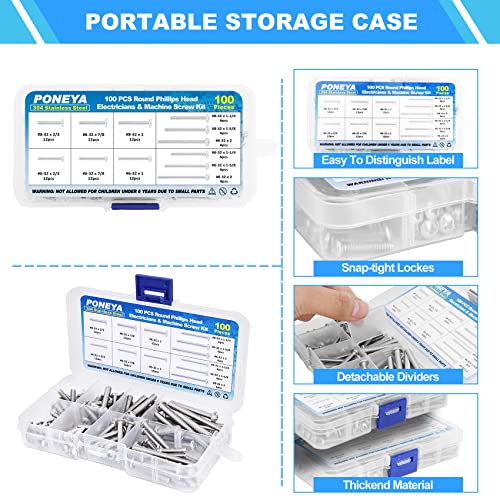 PONEYA Machine Screws, 100 PCS Phillips Pan Head Electricians Screw Kit #6-32#8-32 Thread 304 Stainless Steel Screws for Electrical Wall Plate Switch, Receptacles Mounting Screws with Storage Case - Image 4