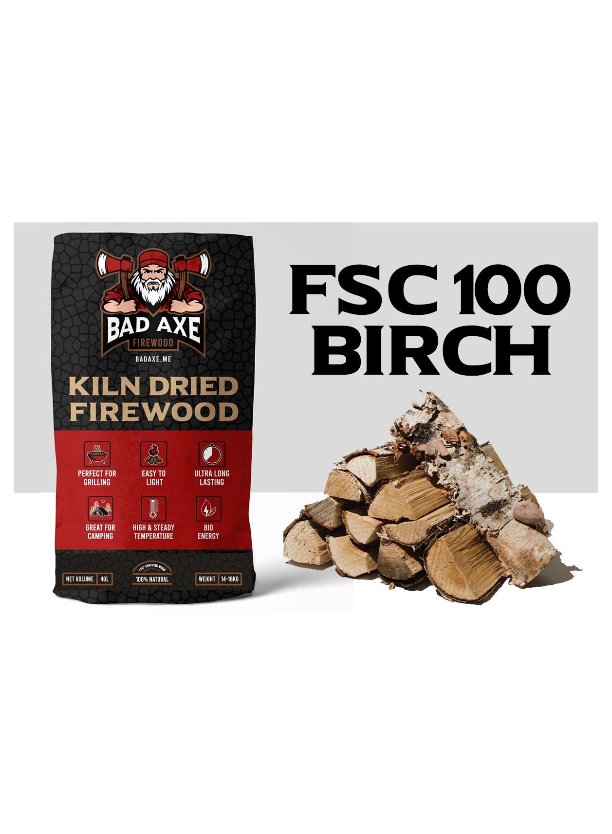 Bad Axe Birch Firewood 40L Sack (Approx. 15kg) | Premium Kiln-Dried Hardwood Logs | Low Moisture, Long-Lasting & Clean-Burning | Ideal for Fireplaces, Wood Stoves, Fire Pits & BBQ