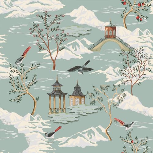 VaryStyle 177x118 Chinoiserie Landscape Wallpaper Sage Green Peel and Stick Wallpaper Vintage Mountain Tree Floral Wall Paper Removable Self Adhesive Contact Paper for Cabinets Bedroom Living Room - Image 1