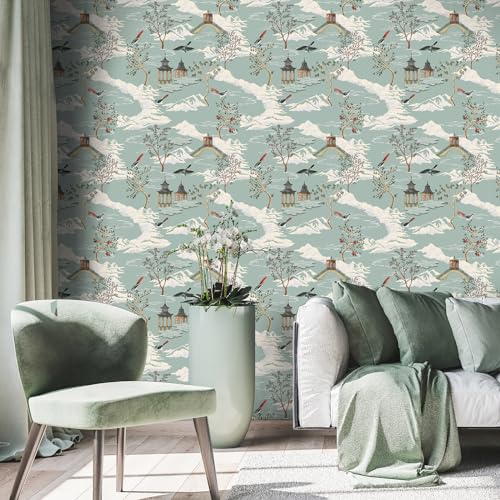 VaryStyle 177x118 Chinoiserie Landscape Wallpaper Sage Green Peel and Stick Wallpaper Vintage Mountain Tree Floral Wall Paper Removable Self Adhesive Contact Paper for Cabinets Bedroom Living Room - Image 3