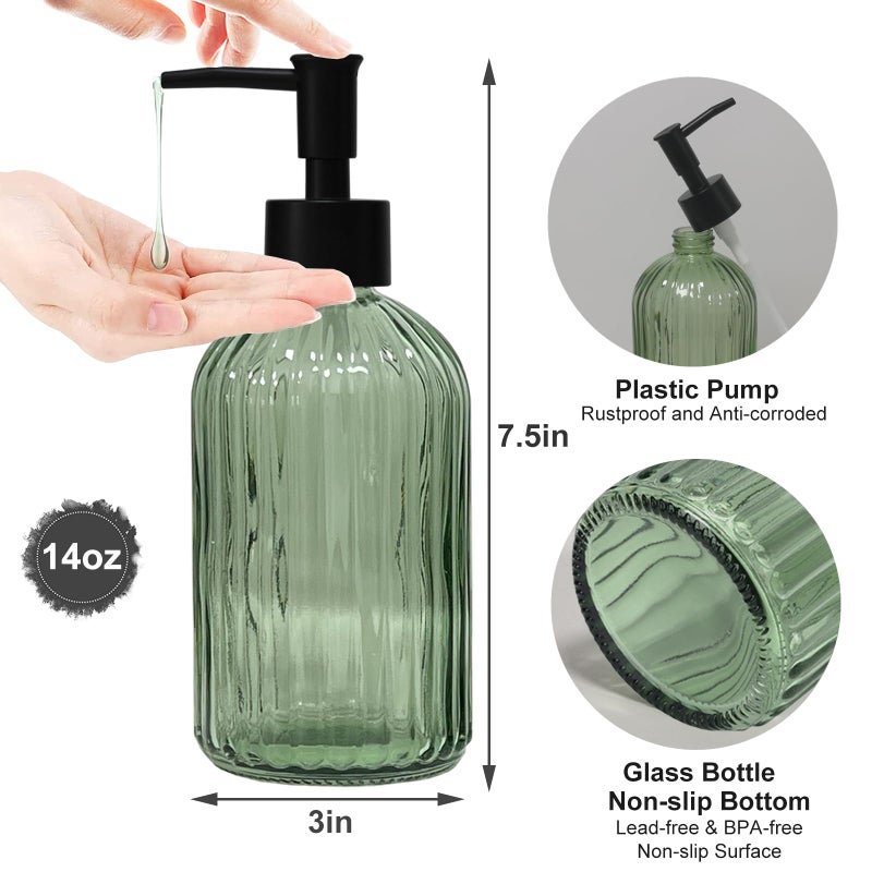 YYTSGG Green Glass Soap Dispenser with Black Plastic Pump, 13.5oz Refillable Liquid Hand Soap Dispenser, Lotion Dish Soap Dispenser for Modern Home Decor, Bathroom, Kitchen Countertop, Hotel - Image 2