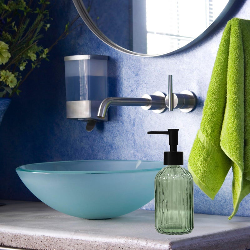 YYTSGG Green Glass Soap Dispenser with Black Plastic Pump, 13.5oz Refillable Liquid Hand Soap Dispenser, Lotion Dish Soap Dispenser for Modern Home Decor, Bathroom, Kitchen Countertop, Hotel - Image 5