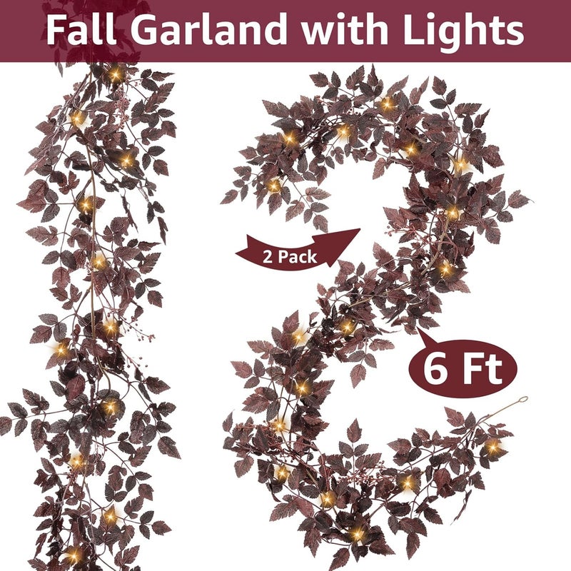 NUTIKAS Neutral Fall Garland for Mantle Fireplace - 2 Pack 6Ft Plum Cimicifuga Seeded Leaf Garlands Purple Autumn Decor Table Decorations for Home Indoor Door Halloween Realistic Leaves Garlands Outdoor - Image 2