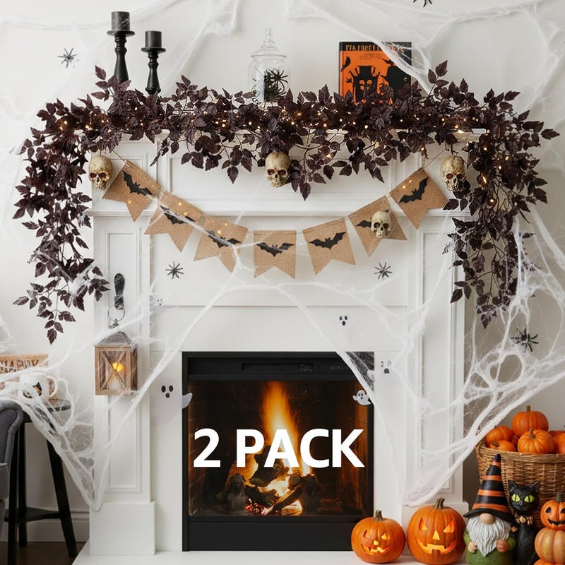 NUTIKAS Neutral Fall Garland for Mantle Fireplace - 2 Pack 6Ft Plum Cimicifuga Seeded Leaf Garlands Purple Autumn Decor Table Decorations for Home Indoor Door Halloween Realistic Leaves Garlands Outdoor - Image 1
