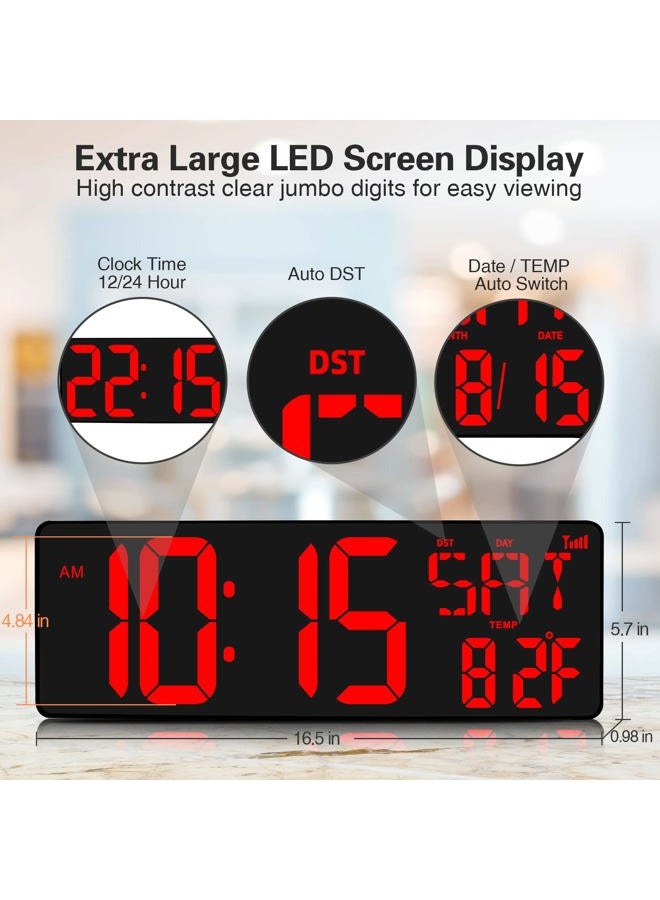 XREXS Large Digital Wall Clock WiFi Sync, 16.5 in Large Display Wall Clock with Temperature/Date/Week, LED Big Digital Timer Clock with Remote Control, Alarm Clock for Home and Office, Auto-dimming - Image 3