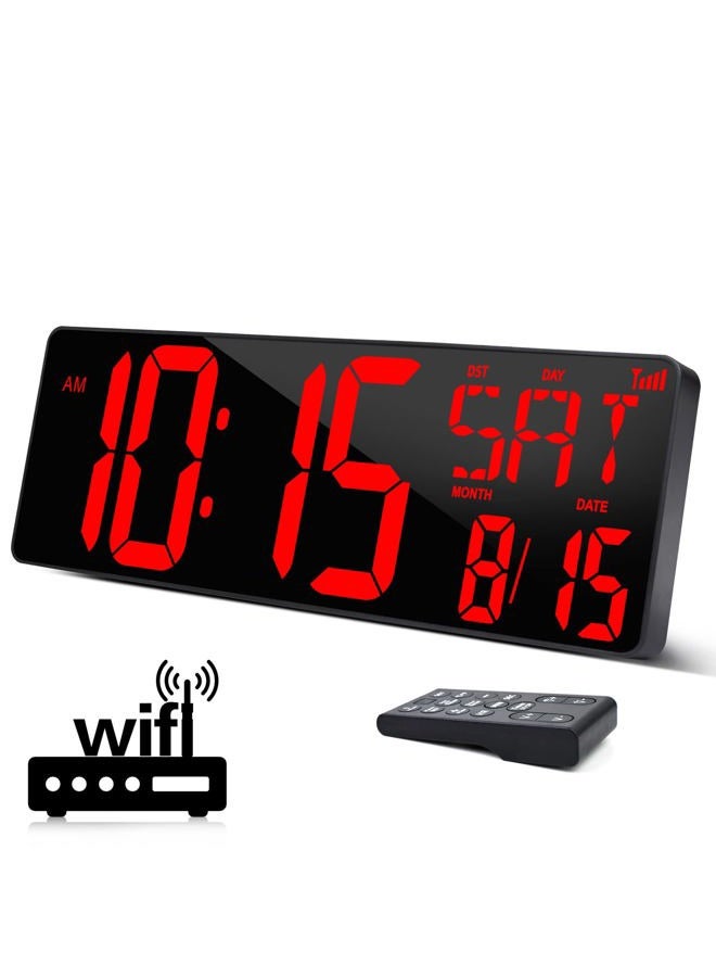 XREXS Large Digital Wall Clock WiFi Sync, 16.5 in Large Display Wall Clock with Temperature/Date/Week, LED Big Digital Timer Clock with Remote Control, Alarm Clock for Home and Office, Auto-dimming - Image 1
