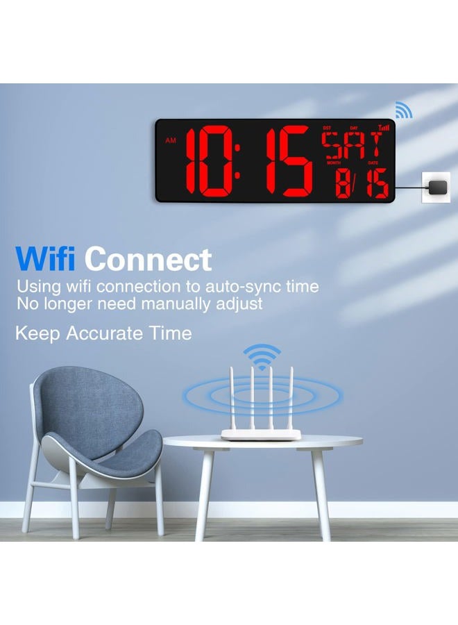 XREXS Large Digital Wall Clock WiFi Sync, 16.5 in Large Display Wall Clock with Temperature/Date/Week, LED Big Digital Timer Clock with Remote Control, Alarm Clock for Home and Office, Auto-dimming - Image 2