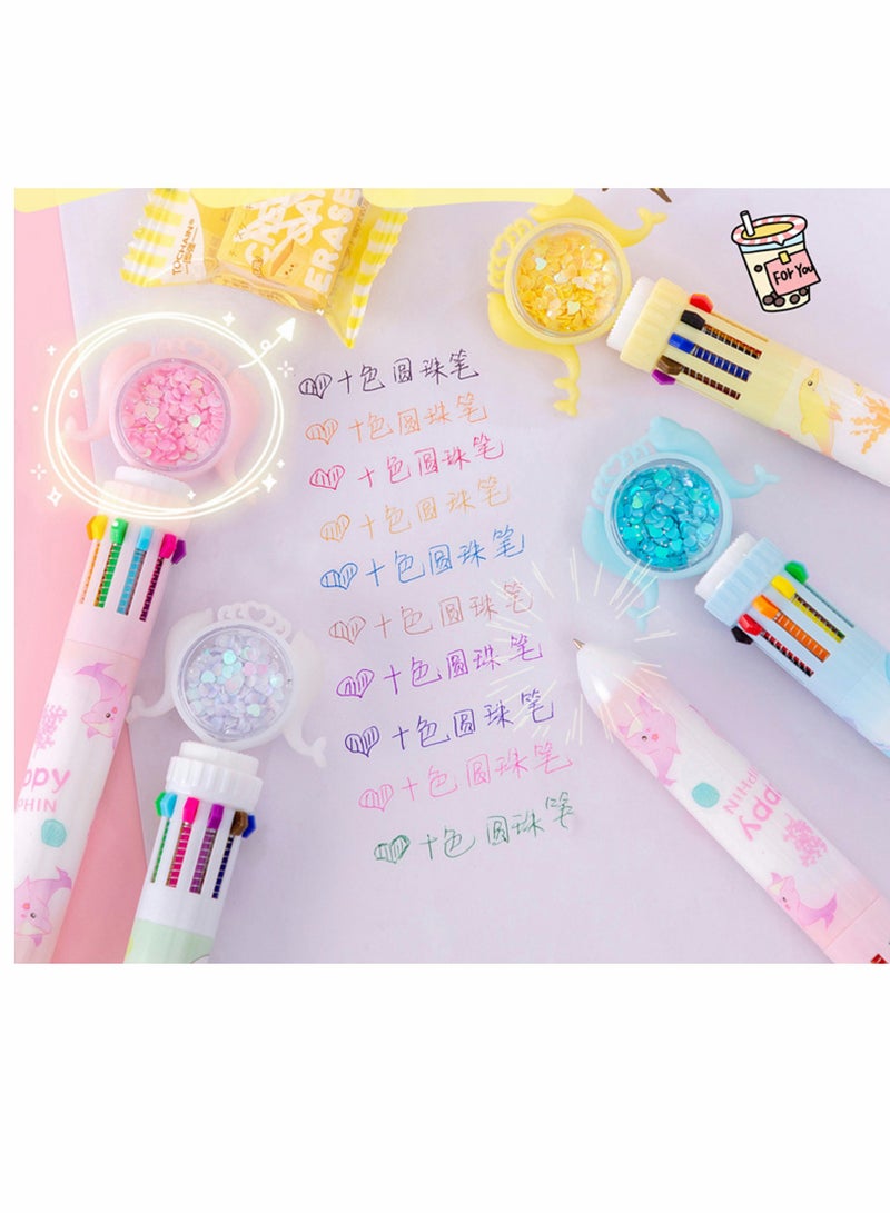 Porous Point Pens 10 in 1 Multicolor Ballpoint Pen 4 Pcs Retractable Ballpoint Pens for Office School Supplies Students Children Gift Cartoon Creative Polychrome Pen Mermaid Series Ten Color Pen - Image 4