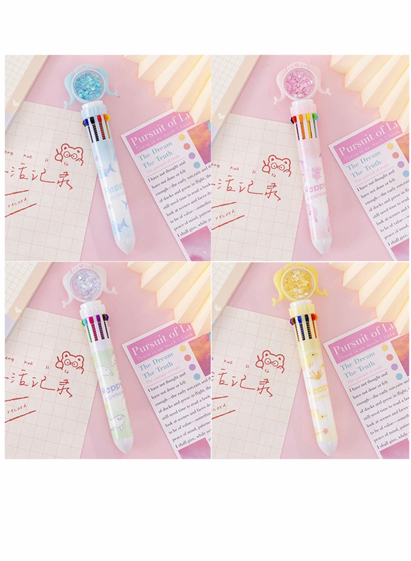Porous Point Pens 10 in 1 Multicolor Ballpoint Pen 4 Pcs Retractable Ballpoint Pens for Office School Supplies Students Children Gift Cartoon Creative Polychrome Pen Mermaid Series Ten Color Pen - Image 1