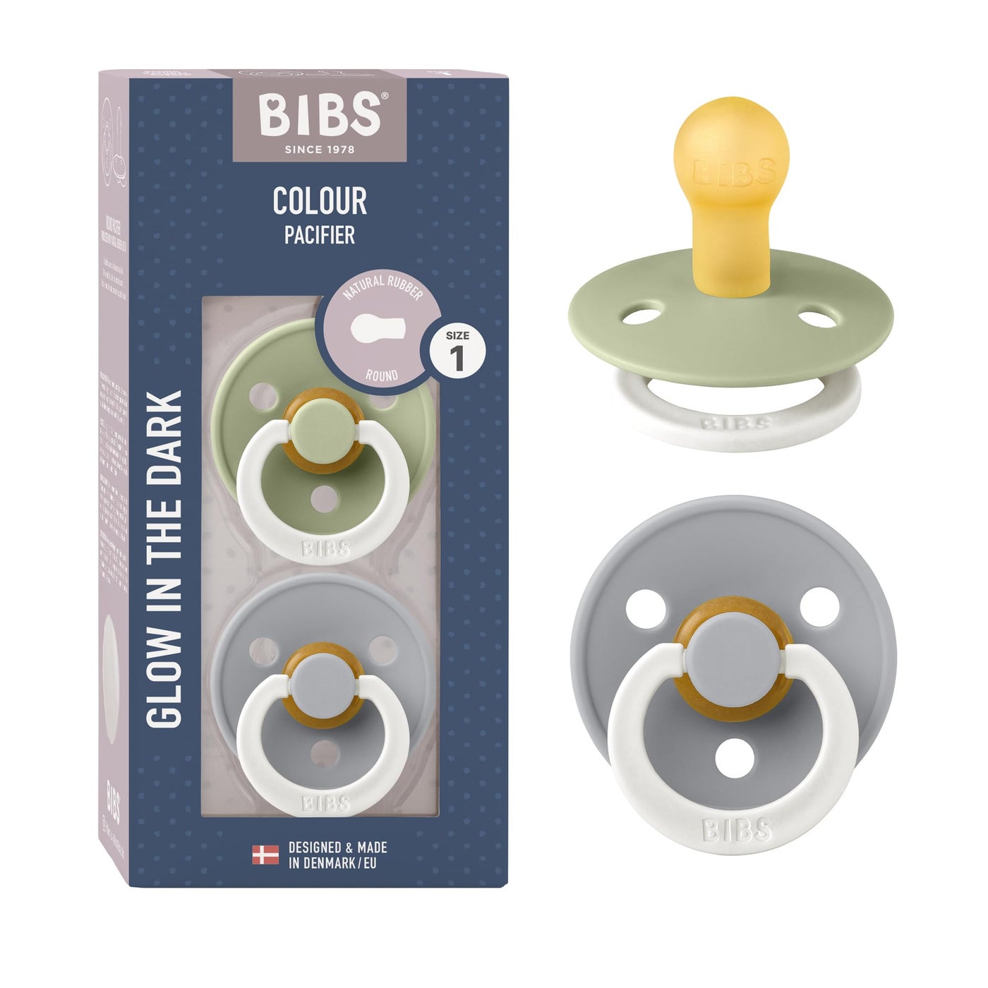 Suzile BIBS Colour Glow Soother 2-Pack, Glow in The Dark BPA Free Dummy Pacifier, Round Nipple. Natural Rubber Latex, Size 1 (0-6 Months), Sage Night/Cloud Night