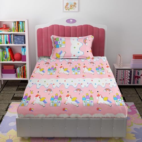 Fresh From Loom Cotton Wrinkle Free Soft Hypoallergenic Bed Sheet | Cartoon Printed Single Bedsheet for Kids with one Pillow Cover (60x90 Inches/Pink Unicorn) - Image 1