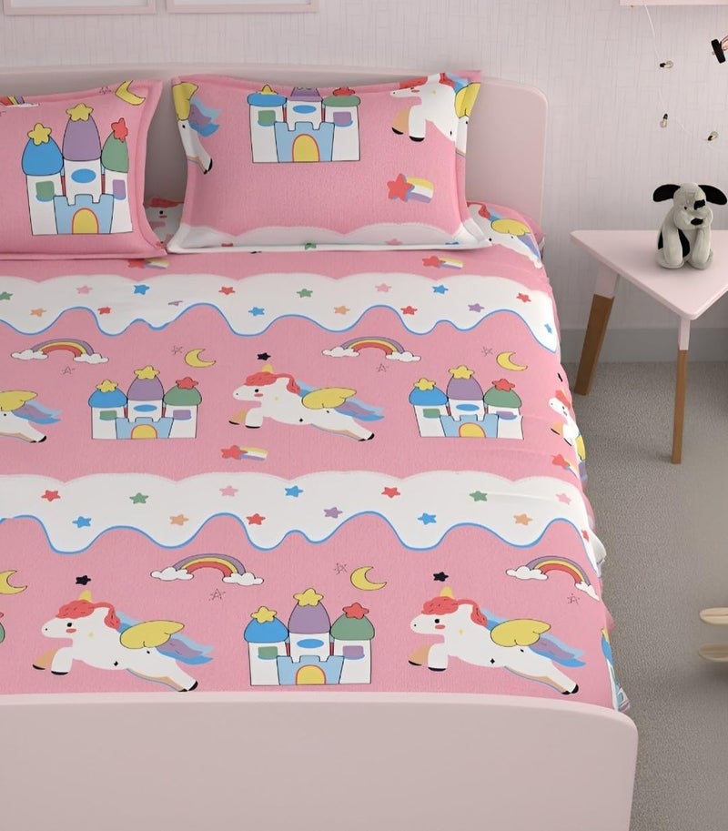 Fresh From Loom Cotton Wrinkle Free Soft Hypoallergenic Bed Sheet | Cartoon Printed Single Bedsheet for Kids with one Pillow Cover (60x90 Inches/Pink Unicorn) - Image 4