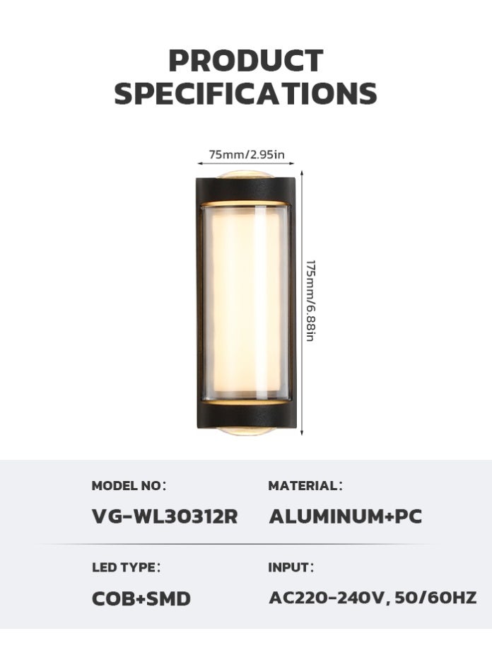 Vmax Modern 12W Outdoor LED Wall Light – Waterproof IP65 Up & Down Sconce – Compact 960LM Aluminum Wall Lamp for Entrances, Balconies, and Villas - Image 5