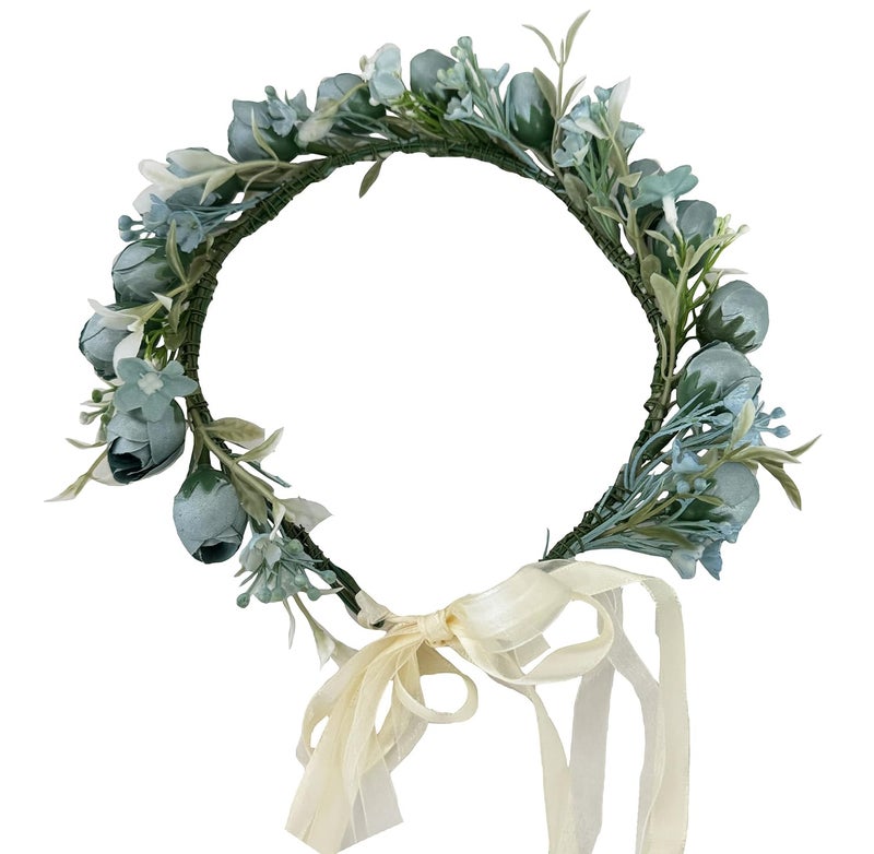 DreamLily Girls Camellias Flower Crown Birthday Photo Pops Hair Wreath Wedding Festival Floral Headpiece XM11 (Blue) - Image 3