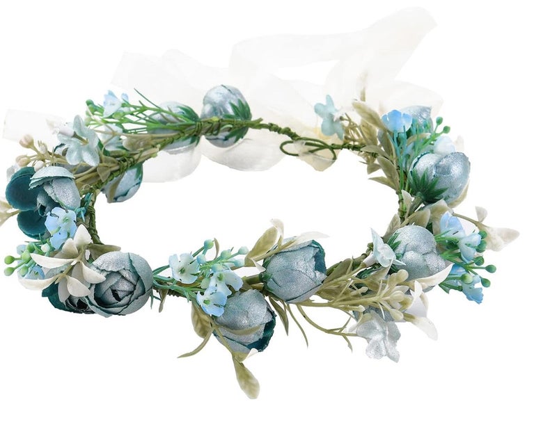 DreamLily Girls Camellias Flower Crown Birthday Photo Pops Hair Wreath Wedding Festival Floral Headpiece XM11 (Blue) - Image 5