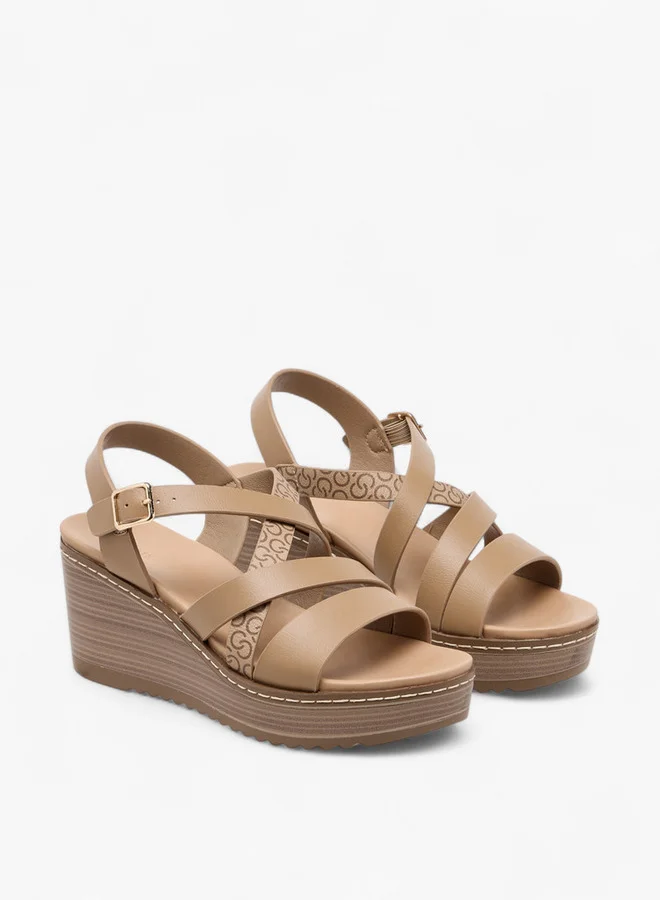 سيليست Women's Logo Print Cross Strap Sandals with Wedge Heel