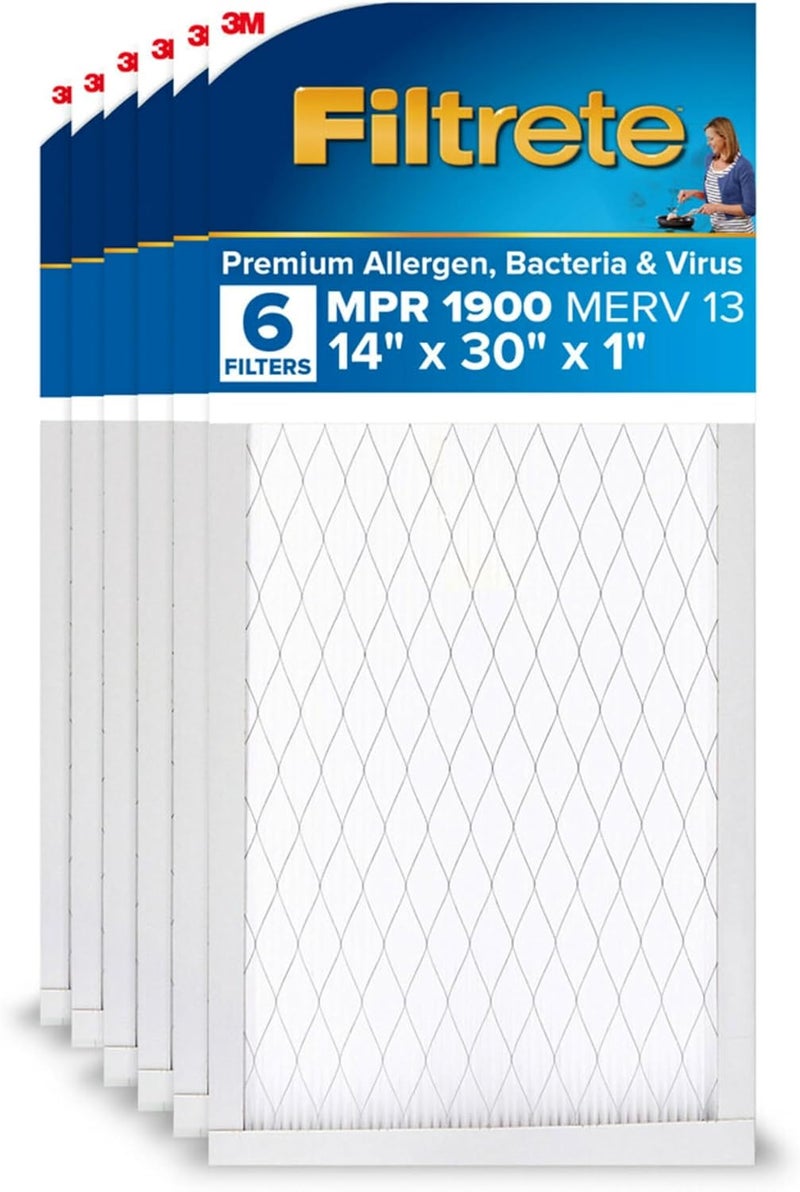 FILTRETE 14x30x1 Air Filter, MERV 13, MPR 1900, Premium Allergen, Bacteria & Virus, 3-Month AC and Furnace Filter, Easy on Air Flow, 6 HVAC Filters (Actual Size 13.81 x 29.81 x 0.78 in) - Image 1