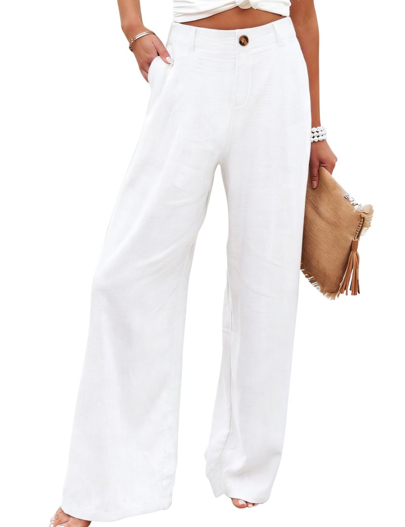 Hooever Womens Cotton Linen Pants Casual Button Up High Waisted Wide Leg Trousers(hite-L) White - Image 1