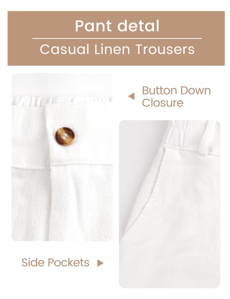 Hooever Womens Cotton Linen Pants Casual Button Up High Waisted Wide Leg Trousers(hite-L) White - Image 5