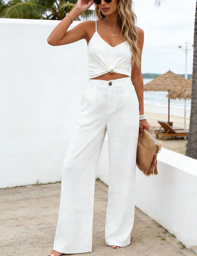 Hooever Womens Cotton Linen Pants Casual Button Up High Waisted Wide Leg Trousers(hite-L) White - Image 4