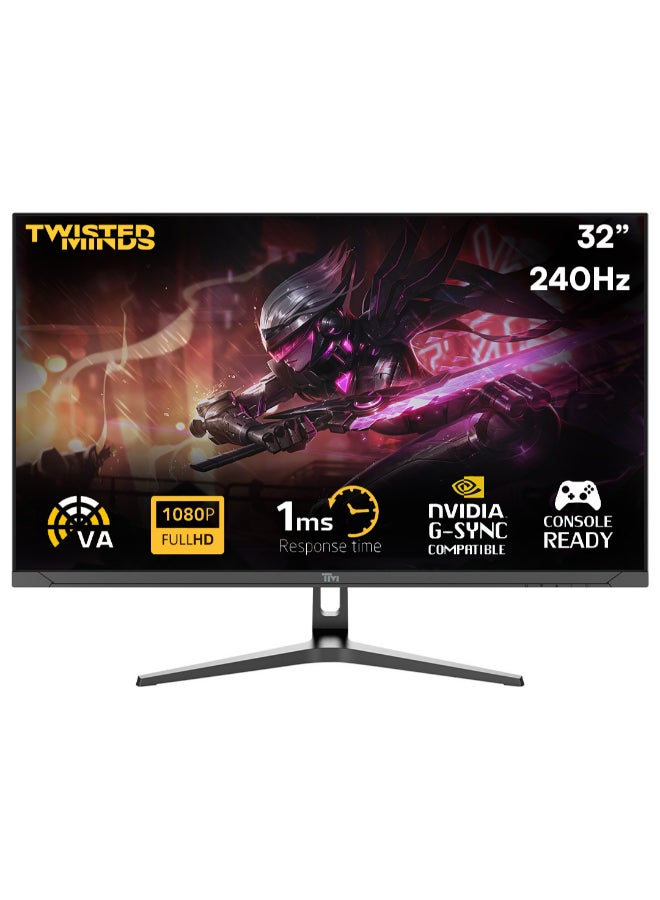 تويستيد مايندز "شاشة الألعاب TM32FHD240VA Supreme Series مسطحة بحجم 31.5 بوصة، دقة 1920x1080p FHD، لوحة VA، HDR، معدل تحديث 240/280 هرتز، استجابة 1 مللي ثانية، حامل قابل للتعديل، HDMI 2.1 مع مكبرات صوت مدمجة شاشة قيمنق       " - Image 1