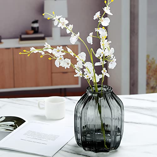 JAKY Global Black Grey Glass Vase for Flowers,Dark Grey Bud Tall Glass Vases,H-8.0" Simple Striped Design for Home Floor Decor,Farmhouse Decor, Centerpiece Coffee Table Decorations - Image 2