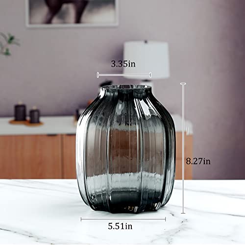 JAKY Global Black Grey Glass Vase for Flowers,Dark Grey Bud Tall Glass Vases,H-8.0" Simple Striped Design for Home Floor Decor,Farmhouse Decor, Centerpiece Coffee Table Decorations - Image 3