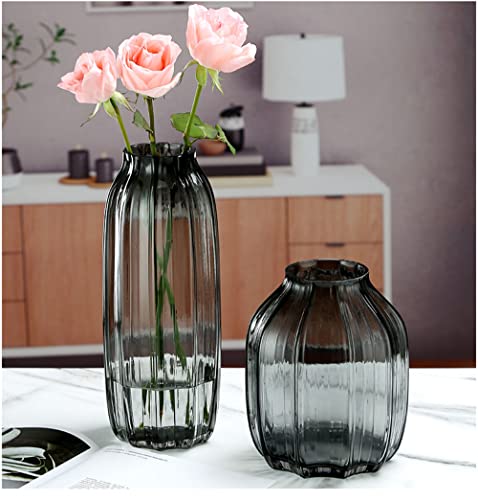 JAKY Global Black Grey Glass Vase for Flowers,Dark Grey Bud Tall Glass Vases,H-8.0" Simple Striped Design for Home Floor Decor,Farmhouse Decor, Centerpiece Coffee Table Decorations - Image 5