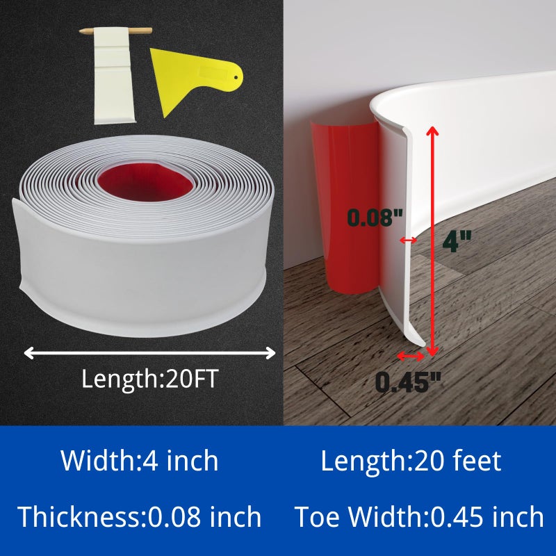 COUKIU Flexible Baseboard Molding Trim, 4 Inch x 20 Feet Self-Adhesive Vinyl Wall Base Cove Base, Peel and Stick Rubber Wall Base Moulding Trim(S100, White) - Image 4