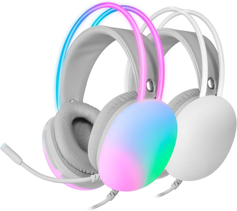 مارس_جيمنج MARSGAMING Mars Gaming MH-GLOW أبيض، سماعة رأس بتدفق RGB كامل 360 درجة، ميكروفون عازل للضوضاء، تصميم فائق الخفة، وسادات أذن من الإسفنج الذكي، توافق عالمي - Image 1