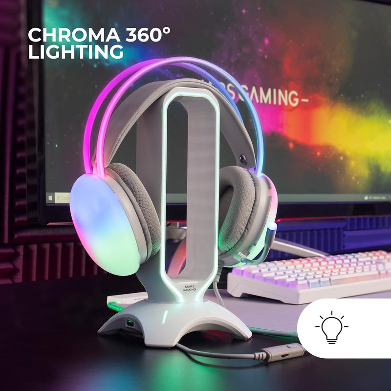 مارس_جيمنج MARSGAMING Mars Gaming MH-GLOW أبيض، سماعة رأس بتدفق RGB كامل 360 درجة، ميكروفون عازل للضوضاء، تصميم فائق الخفة، وسادات أذن من الإسفنج الذكي، توافق عالمي - Image 2