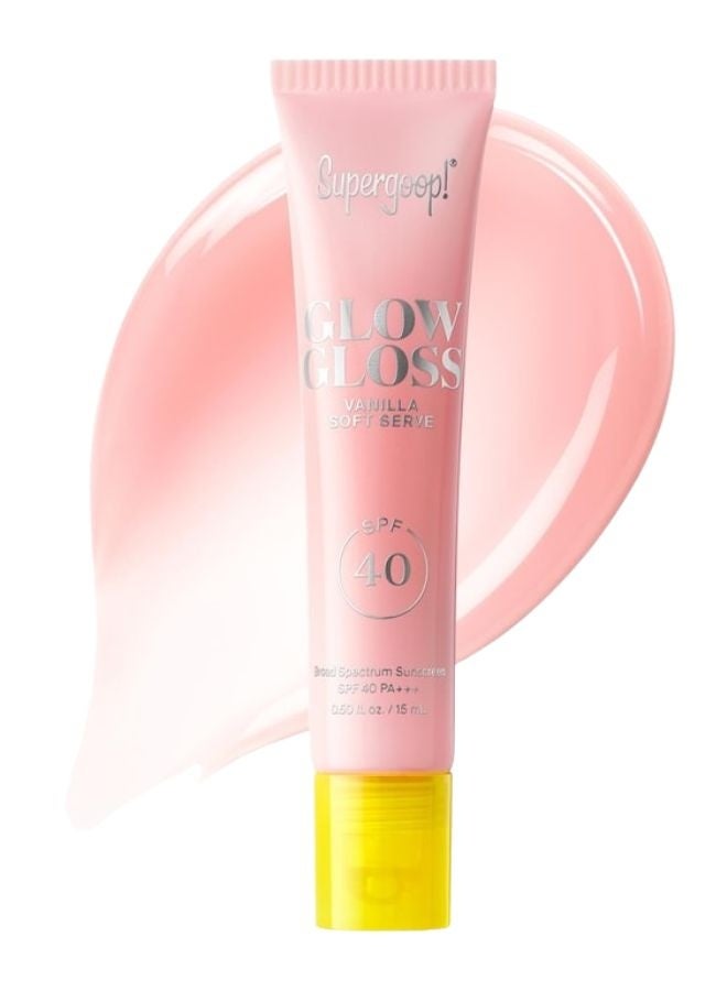 سوبرجوب سوبرجووب! مرطب الشفاه Glow Gloss SPF 40 مع الببتيدات وزبدة الشيا - خدمة الفانيليا الناعمة (لون وردي ناعم شفاف)، ملمع شفاه مرطب عالي اللمعان 15 مل - Image 1