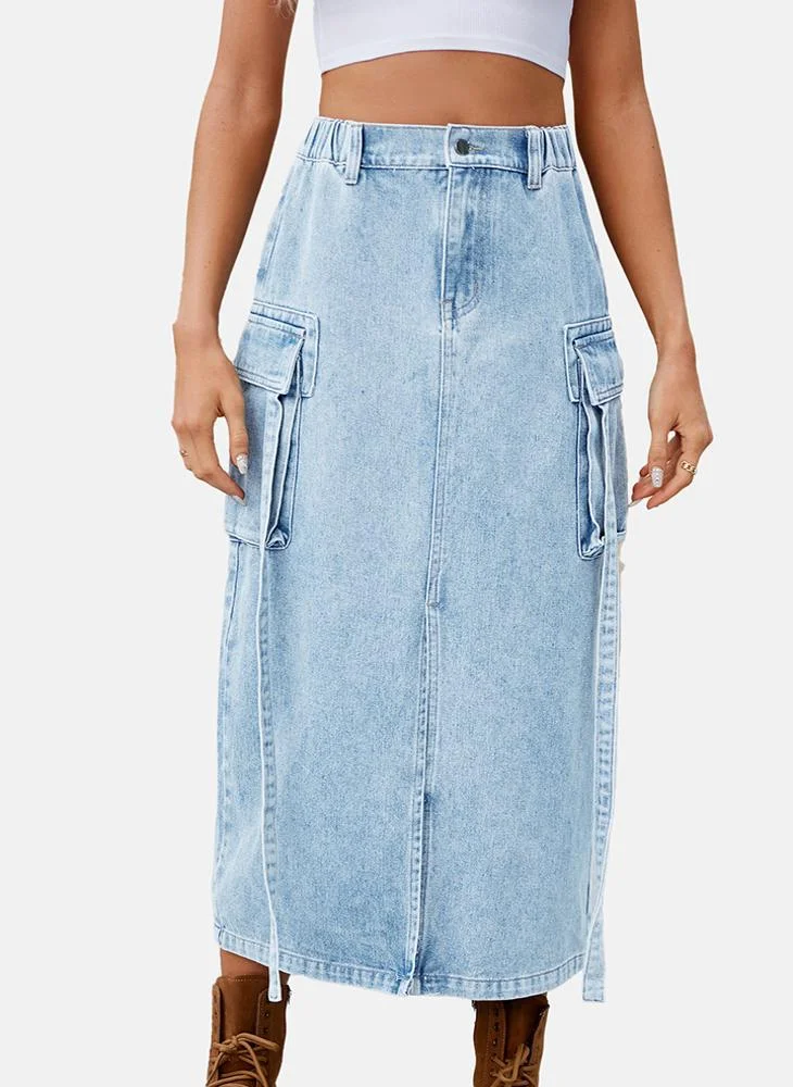 YUNIQEE Blue Mid Rise Plain Midi Skirt