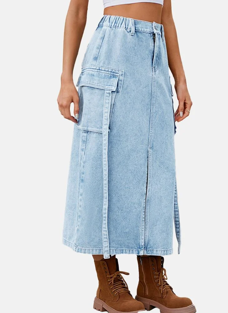 YUNIQEE Blue Mid Rise Plain Midi Skirt