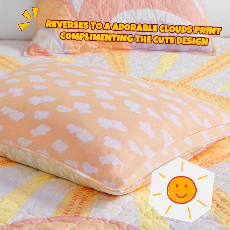 Intelligent Design Kids Twin Quilt Bedding Set, Cotton Coverlet Sun Girls Bedding Set Rainbow & Clouds Reversible Dawn Light & Breathable Sham Throw Pillow Twin Yellow/Coral 3 Piece - Image 3