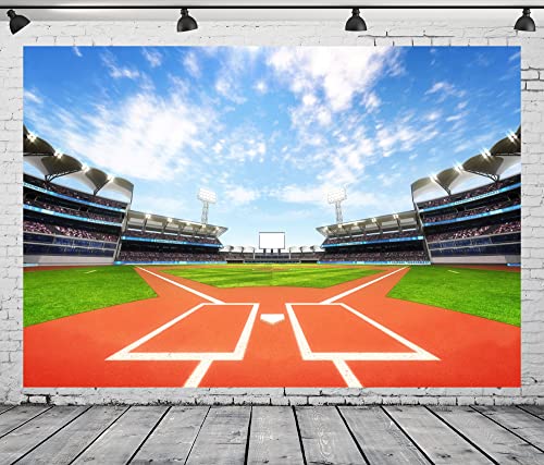 BELECO Baseball Field Backdrop 7x5ft Fabric Outdoor Sports Backdrop for Photoshoot Stadium Pitch Green Grass Blue Sky Clouds Background Baseball Baby Shower Decor Boys Kids Birthday Photo Props - Image 3