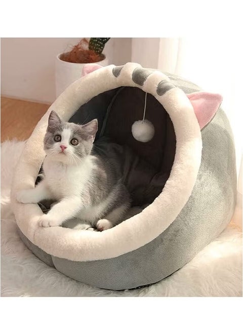 Cat Beds for Indoor Cats Semi-Enclosed Cat Cave Bed with a Plush Ball Large Space for Cats to Sleep Soft and Comfortable Covered Cat Bed with a Washable and Detachable Mat