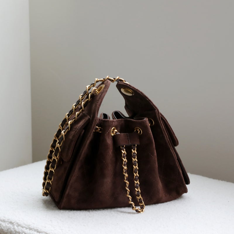 Sheepskin Suede Textured Commuter Quilted Underarm Bag With Vintage Chain And Drawstring For Women - Image 2