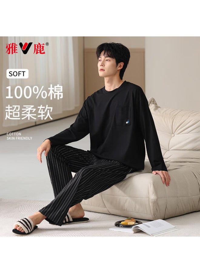Yalu 100% Pure Cotton Men's Pajamas, Spring And Summer Thin Long-sleeve Long Pants, Wearable Outside, Pullover Loungewear, Two-piece Set