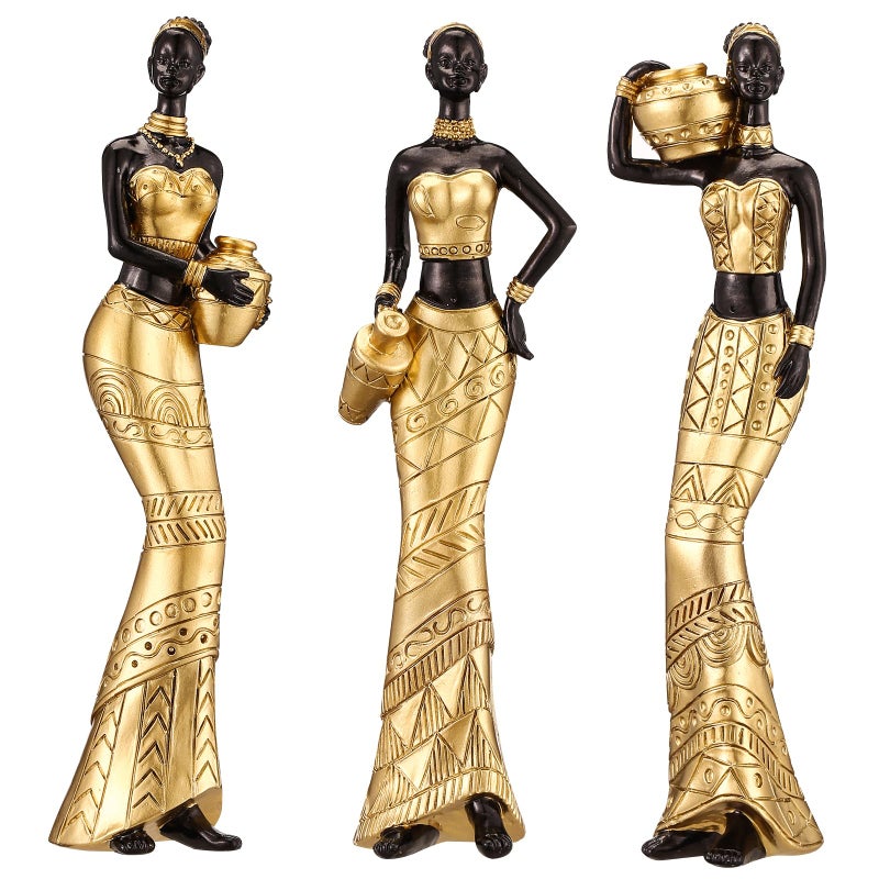 CYYKDA 3 Pack African Art Sculptures- Vintage African Statues For Home Decor- Women's Tribal African American Figurines- Bookshelf  Office Decor- Deal For Birthday  Christmas  Thanksgiving  Mom Gifts-Gold  - Image 1