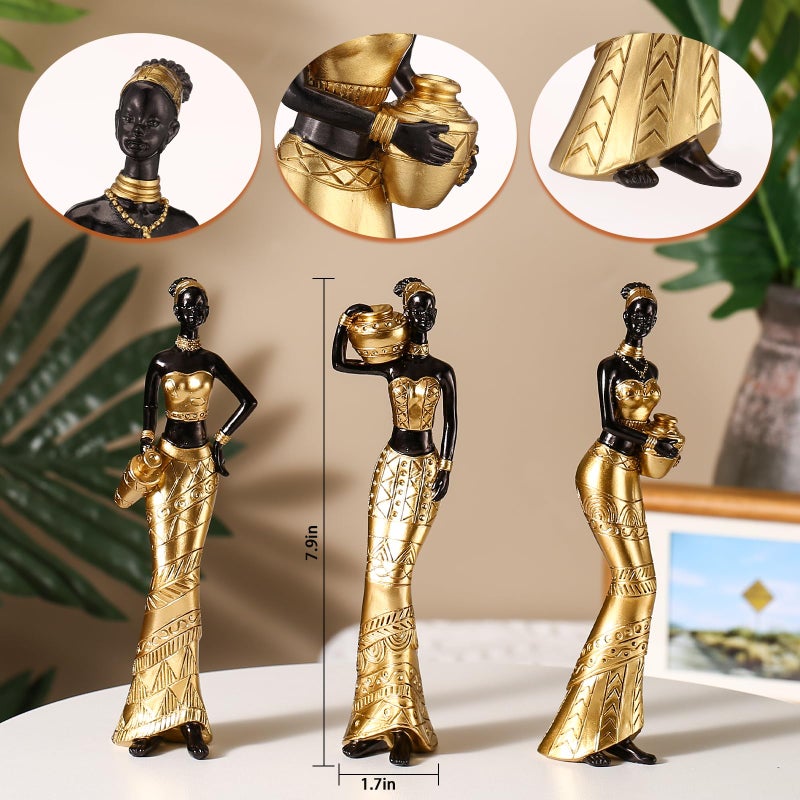 CYYKDA 3 Pack African Art Sculptures- Vintage African Statues For Home Decor- Women's Tribal African American Figurines- Bookshelf  Office Decor- Deal For Birthday  Christmas  Thanksgiving  Mom Gifts-Gold  - Image 5