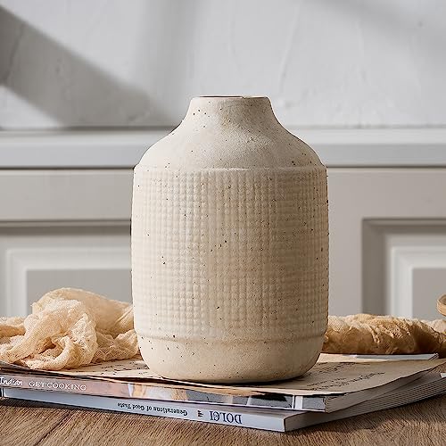 SIDUCAL Ceramic Rustic Farmhouse Vase | 7 Inch Pottery Decorative Flower Sand Glaze Finish Boho Vase for Home Decor, Table, Living Room, Bathroom Decoration, Shelf Decor, Mantel, White - Image 2
